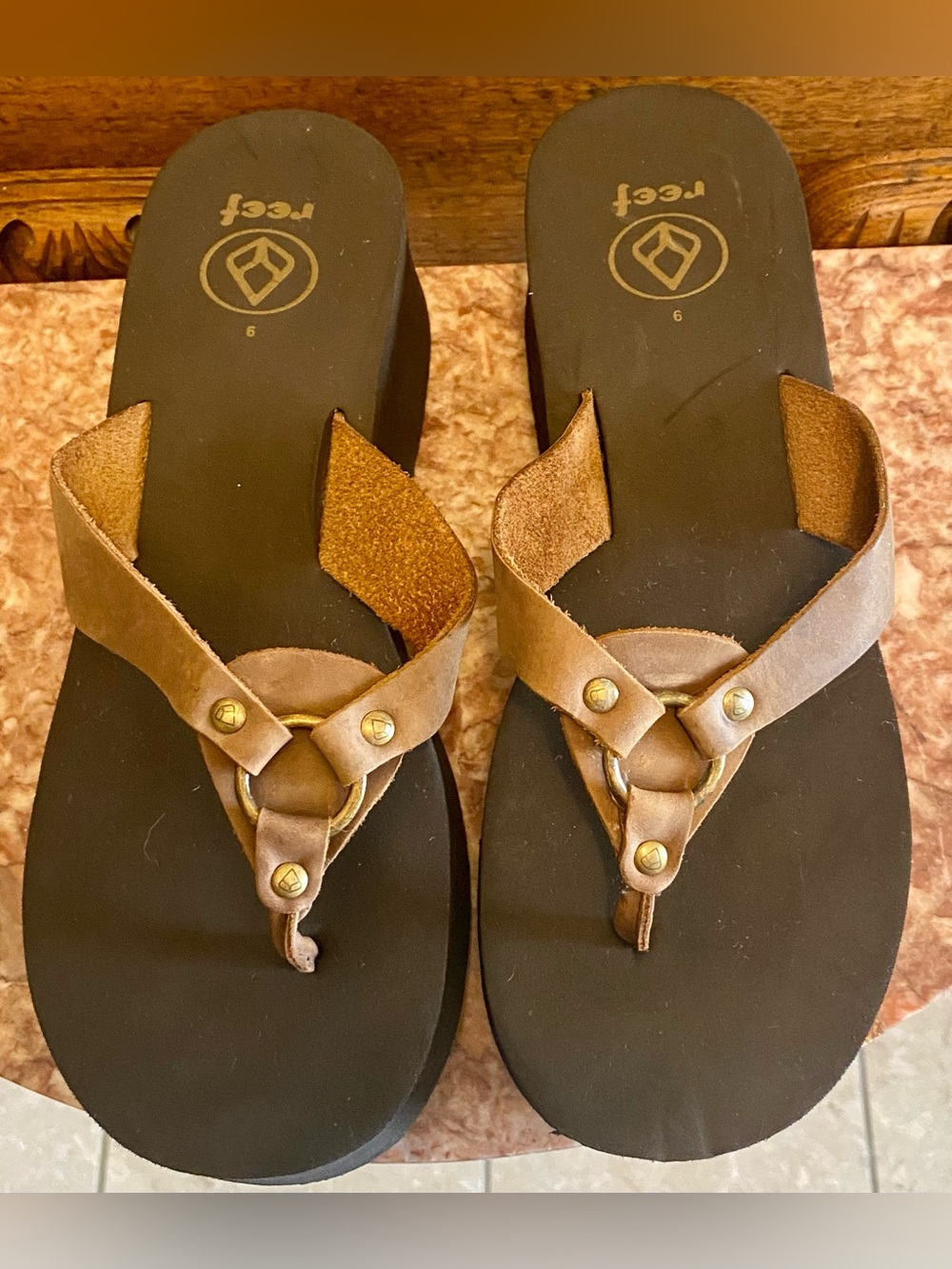 Reef Platform Wedge Leather Ring-Detail Thong Sandals; Size 9; Never Worn.